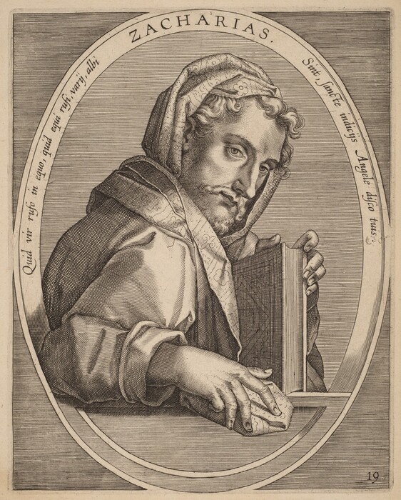 The image shows a three-quarter view of a person identified as Zacharias. He is depicted sitting down, with his upper body turned slightly to the left. The person has a contemplative expression, with well-defined features, including a prominent nose and slightly downturned eyes, framed by curly hair peeking out from under a head wrap. He is wearing a robe and a cloak draped over his shoulders, both of which have a heavy fabric texture. The head wrap is patterned with embellishments. His left hand is resting on a book with his fingers gripping its open pages, while his right hand holds up the book. The background is a textured oval frame, with inscriptions in Latin encircling it, and shaded with fine lines for depth.