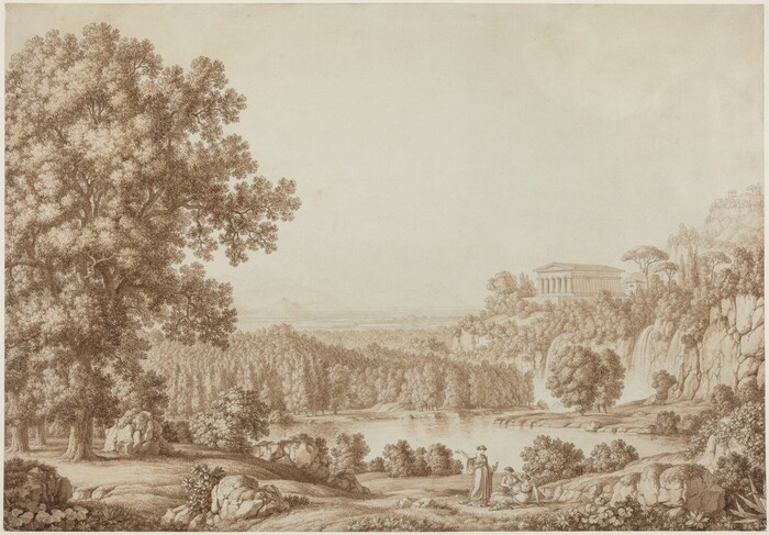 The image depicts a landscape with a horizon in the distance, showing trees, hills, and mountains. The brushstrokes are fine and detailed, with a primarily sepia color palette. A group of figures in classical attire are near a large tree, with a serene body of water reflecting the scene. In the middle distance, a cliff holds a temple-like structure above waterfalls, under an unobstructed sky.