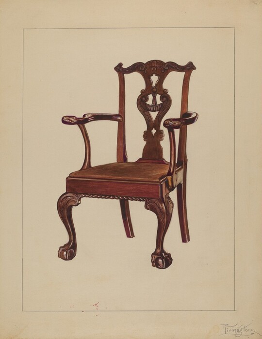 The image shows an ornate wooden armchair with intricate carvings. The chair is rich brown in color and has a glossy finish. The background is a light beige color, and the chair is centered in the image with the front legs slightly forward.