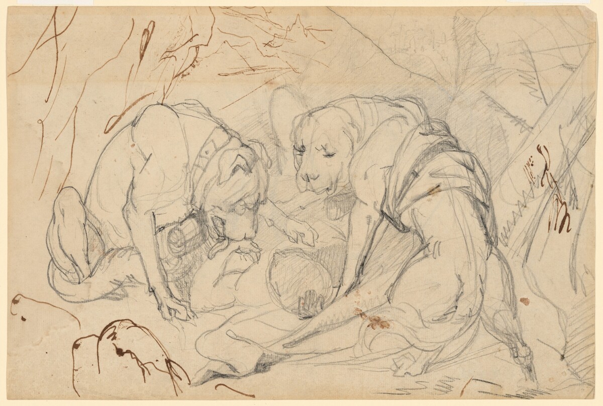 Study for "Alpine Mastiffs Reanimating a Distressed Traveler" (recto); Study for "Alpine Mastiffs Reanimating a Distressed Traveler" (verso)
