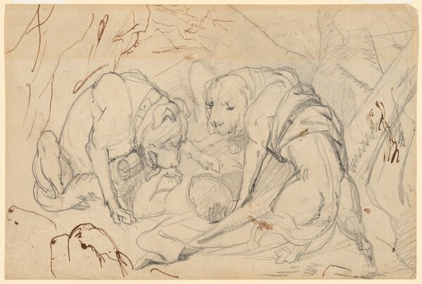 Study for "Alpine Mastiffs Reanimating a Distressed Traveler" (recto); Study for "Alpine Mastiffs Reanimating a Distressed Traveler" (verso)