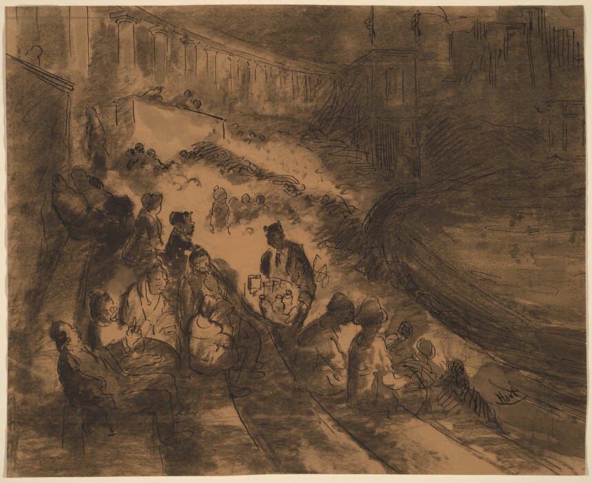 This is a drawing of an interior scene with seated figures and architectural elements. The image features a large gathering of people in a busy setting. The figures are drawn with loose, sketchy lines that suggest motion. The background includes large structures. The style of the drawing focuses on capturing the essence of a busy environment. The use of shadows and lines creates depth.