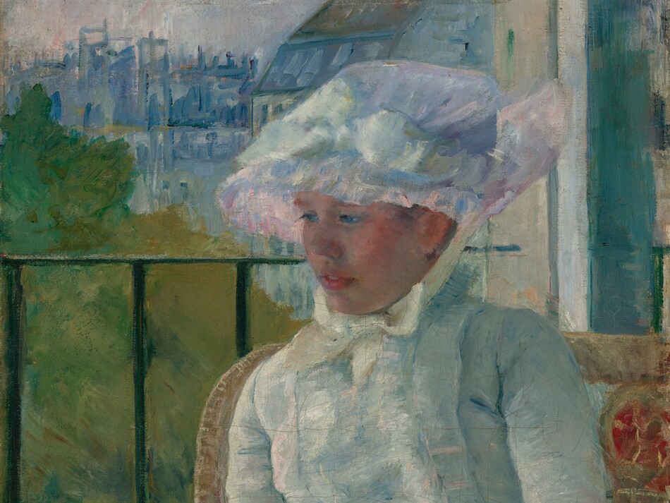 Shown from the knees up, a young woman wearing a white gown and bonnet sits in front of a balcony railing on a sunny day, holding a small dog on her lap in this vertical portrait painting. The scene is painted with visible brushstrokes, which are especially broad in the background and clothing. The woman sits with her body angled to our left, and she looks down in that direction with blue eyes. She has a short, snub nose, rosy cheeks, and her full, pink lips are parted. The woman’s bonnet is tied under her chin with a pale yellow bow. Her dress has a tightly-fitting bodice, elbow-length sleeves, and a long skirt. The bonnet and dress are painted with strokes of faint sky blue, petal pink, lavender purple, and mint green, with cream-white highlights and some darker cobalt-blue and apricot-peach strokes for shading. The dog on her lap lies with its head to our left, lifted as it looks out onto the landscape. The tan glove the woman wears on the arm we can see reaches her elbow, and she rests that hand on the dog’s back. Her right arm, to our left, is hidden below the elbow by the dog. The animal has charcoal-gray fur along its back and tan fur on the legs and shaggy face. The woman sits in a wicker armchair with a crimson-red medallion next to her left shoulder, to our right. The black balcony railing spans the width of the painting at the level of her nose, and has vertical bars. In the landscape beyond, trees to the right are painted loosely with sage green and mustard yellow. Buildings in the distance fill the top quarter of the composition, and are loosely painted with strokes of slate and aquamarine blue. The sky above is streaked with pale blush pink and ice blue. The artist signed the painting in the lower right corner, “Mary Cassatt.”