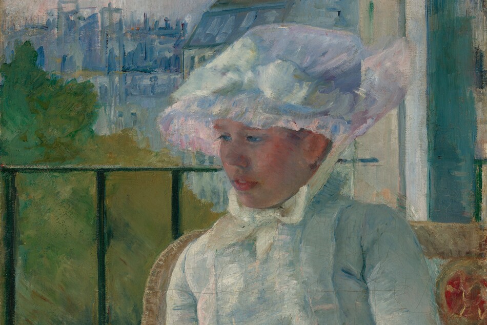 Shown from the knees up, a young woman wearing a white gown and bonnet sits in front of a balcony railing on a sunny day, holding a small dog on her lap in this vertical portrait painting. The scene is painted with visible brushstrokes, which are especially broad in the background and clothing. The woman sits with her body angled to our left, and she looks down in that direction with blue eyes. She has a short, snub nose, rosy cheeks, and her full, pink lips are parted. The woman’s bonnet is tied under her chin with a pale yellow bow. Her dress has a tightly-fitting bodice, elbow-length sleeves, and a long skirt. The bonnet and dress are painted with strokes of faint sky blue, petal pink, lavender purple, and mint green, with cream-white highlights and some darker cobalt-blue and apricot-peach strokes for shading. The dog on her lap lies with its head to our left, lifted as it looks out onto the landscape. The tan glove the woman wears on the arm we can see reaches her elbow, and she rests that hand on the dog’s back. Her right arm, to our left, is hidden below the elbow by the dog. The animal has charcoal-gray fur along its back and tan fur on the legs and shaggy face. The woman sits in a wicker armchair with a crimson-red medallion next to her left shoulder, to our right. The black balcony railing spans the width of the painting at the level of her nose, and has vertical bars. In the landscape beyond, trees to the right are painted loosely with sage green and mustard yellow. Buildings in the distance fill the top quarter of the composition, and are loosely painted with strokes of slate and aquamarine blue. The sky above is streaked with pale blush pink and ice blue. The artist signed the painting in the lower right corner, “Mary Cassatt.”
