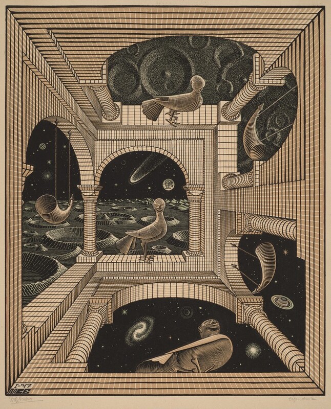 At first glance, this vertical woodblock print shows six arched openings piercing walls, each of which frames a bird or horn with a view onto an outer space environment beyond. The walls and columns are light brown and defined with grids in black or white. The logic indicating upright and upside down is confused, and the views out the openings shift to create disorienting optical effects. Neighboring arches pierce the walls to our left and ahead of us. A horn hangs from the left arch and what appeared to be a bird more closely resembles a bird with a person or a sphinx’s face. The view out these two windows shows a cratered landscape with planets and a comet across the dark sky. Below that, two more arches are cut into the wall that seems to be at the bottom of this space and the lower half of the right-hand wall. But we look up at the bird in front of us and the horn hanging from the right, so the tops of these arches point toward the first pair, which are parallel to us. The view out these windows is onto swirling galaxies, stars, and planets in a black sky. The third pair of arches is on the top of the image, but we look down onto this pair, including the bird’s head and the opening of the horn. The view out these windows is down onto craters that intersect like rings from stones tossed into a still lake. The artist signed the work with his blocky monogram in the lower left corner, as if on the face of that wall there as it zooms away from us: “I-’47 MCE.” The artist also signed the lower left margin, “MC Escher” with graphite and inscribed “eigen druk” under the lower right corner.