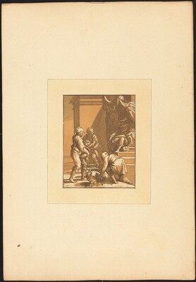 This is a drawing of a group of figures engaged in an activity in a classical setting. The scene is set within a formal interior space defined by architectural elements such as a column and a draped curtain. The composition features figures dressed in historical attire, with one seated figure elevated. The gathered figures are depicted in dynamic poses, and one seems to be attending to an overturned pot or urn on the ground. The gestures and diagonals formed by the figures and their garments lead the viewer's eye around the scene. The use of line and shading in the drawing adds depth and drama to the scene, creating a contrast between the figures and their environment.