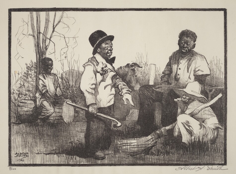The image shows four individuals in a rural outdoor setting. There is a man standing with a hoe, a man sitting on a wooden structure, a figure wearing a wide-brimmed hat leaning on a cane, and another individual sitting on a barrel against a tree. The background includes sparse, leafless trees or bushes on grassy ground.