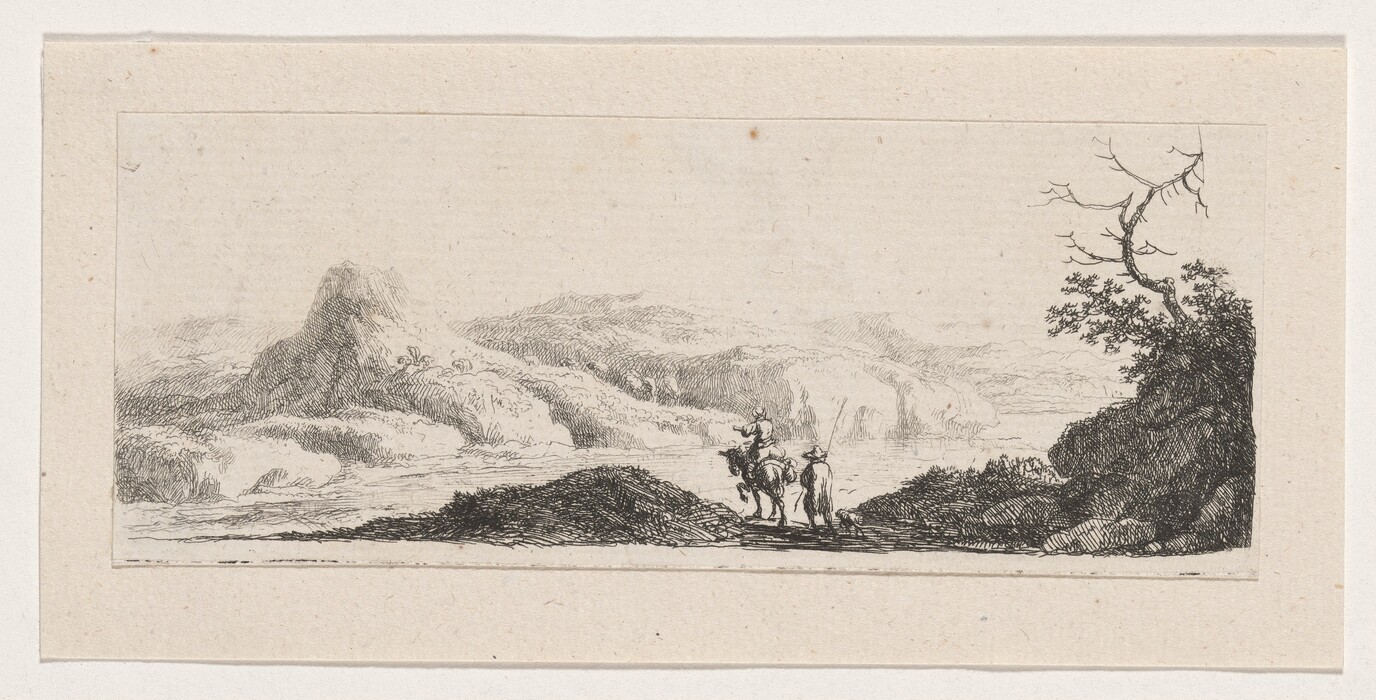 The image is an etching of a landscape viewed from a slightly elevated perspective. In the foreground, two figures are riding horses along a curving path. The background shows mountains, hills, and trees. The lines in the etching represent the textures of the land and foliage. The color scheme is black and white, typical of etchings.