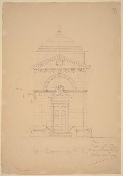 This is a drawing of an architectural structure. The drawing depicts the elevation view of a classical-style building façade. 

The structure includes a central arched doorway with a pediment above it. It is made of brickwork with an arched entrance. A triangular pediment is above the entrance, supported by pilasters. A decorative crest is above the doorway. The design features a dome with detailing at the top. There are ornamental brackets under the roof cornice. The drawing includes annotations in cursive at the lower right corner, mentioning 'John Russell Pope.' This monochromatic piece showcases classical architectural drawing techniques, emphasizing symmetry and precision.