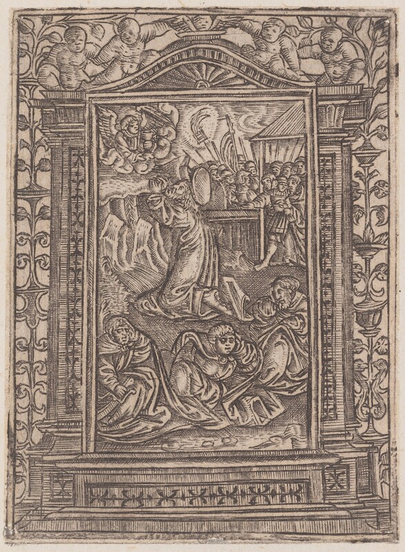 This is a drawing of a religious scene within a decorative frame. The central image shows a group of figures in action. The background includes a mountain landscape with clouds. In the foreground, a figure is kneeling in prayer, surrounded by others. The artwork is enclosed by an ornate frame with floral and cherubic motifs, resembling a woodcut or engraving with intricate line work.