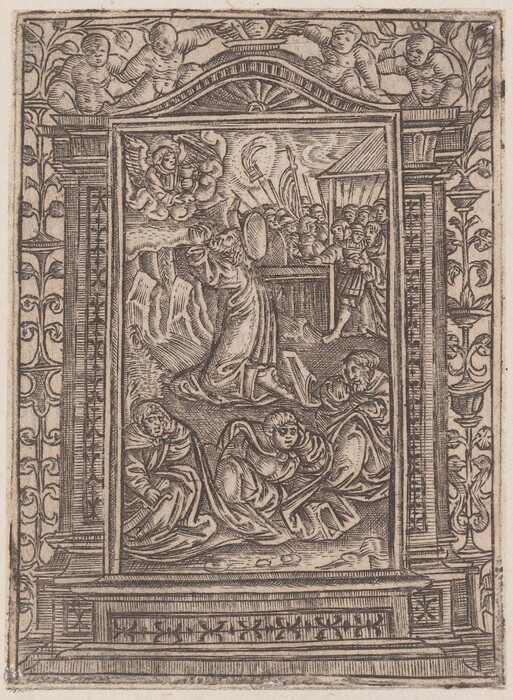 This is a drawing of a religious scene within a decorative frame. The central image shows a group of figures in action. The background includes a mountain landscape with clouds. In the foreground, a figure is kneeling in prayer, surrounded by others. The artwork is enclosed by an ornate frame with floral and cherubic motifs, resembling a woodcut or engraving with intricate line work.