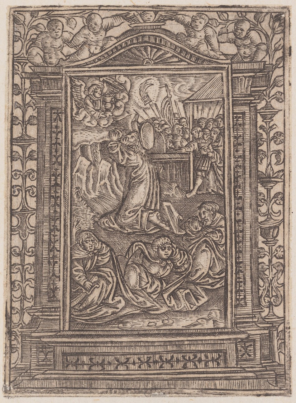 This is a drawing of a religious scene within a decorative frame. The central image shows a group of figures in action. The background includes a mountain landscape with clouds. In the foreground, a figure is kneeling in prayer, surrounded by others. The artwork is enclosed by an ornate frame with floral and cherubic motifs, resembling a woodcut or engraving with intricate line work.