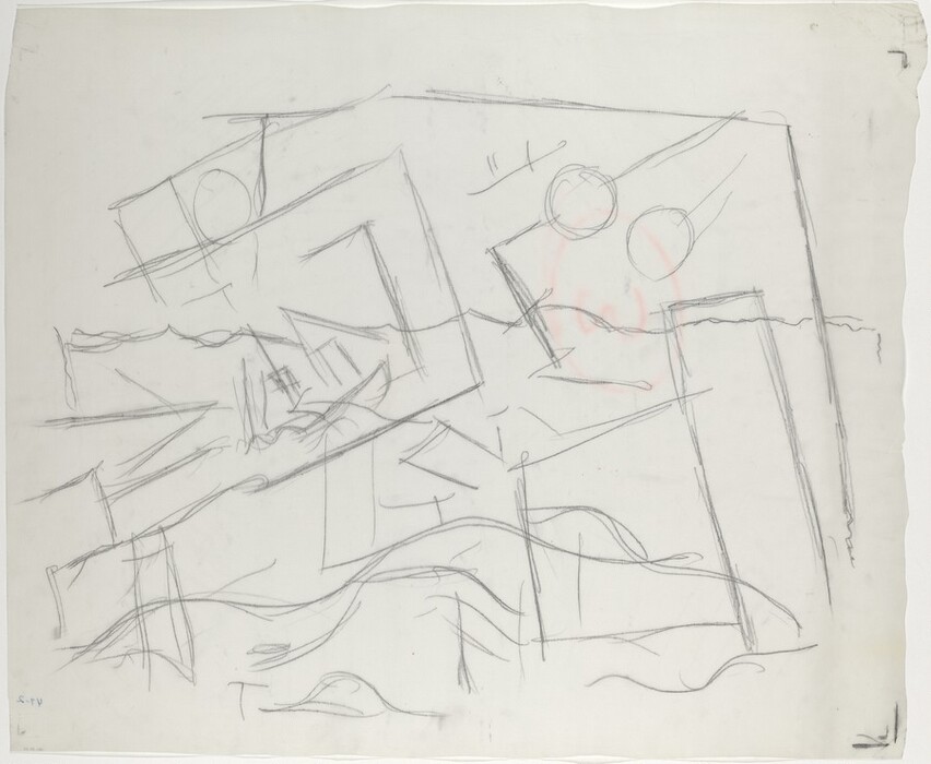 The image features an intricate arrangement of lines and geometric shapes, primarily rectangles and circles, creating an abstract composition. Intersecting lines create a network of diagonal and horizontal pathways. The abstract representation could evoke a complex city skyline or architectural blueprints. Circular shapes suggest celestial bodies. The use of undulating lines adds a sense of movement to the geometric rigidity.