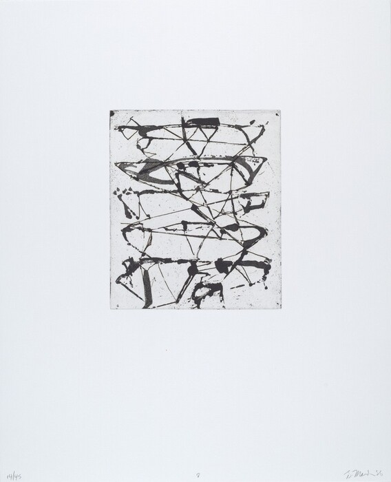 The image consists of black thin lines and broader brush-like strokes crisscrossing and overlapping within a square section. The lines create a chaotic web-like pattern with loops and triangles visible throughout.