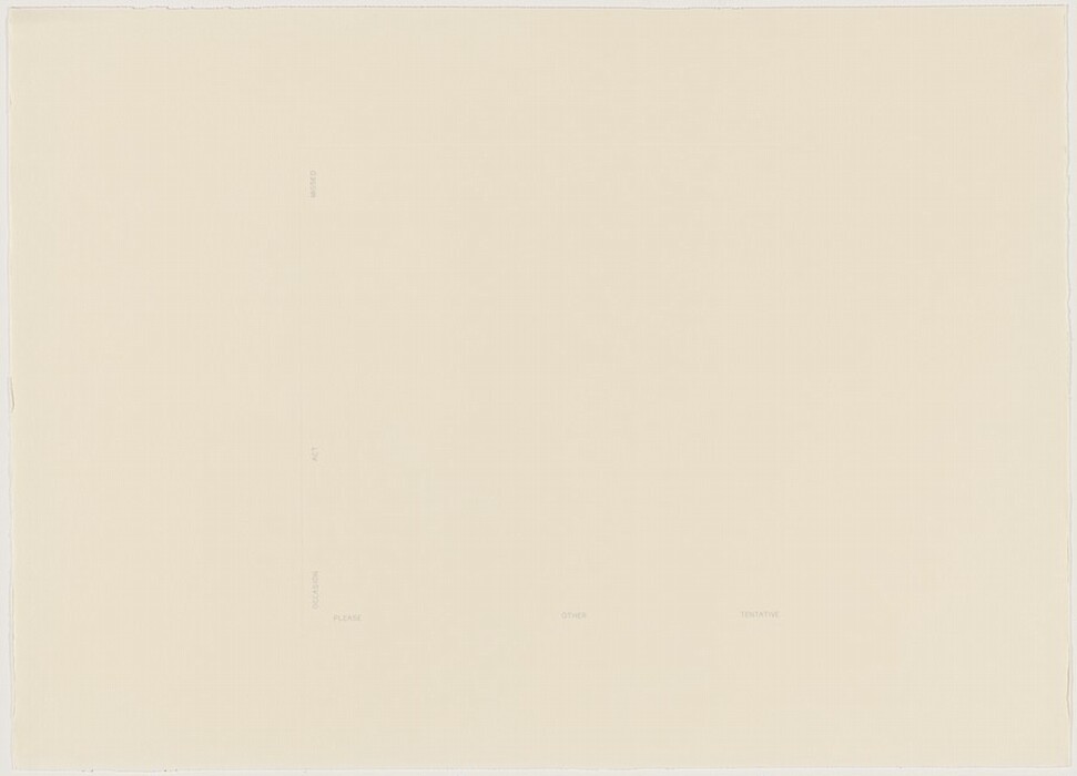 The image shows a rectangular shape outlined delicately in the center of a cream-colored canvas. Within this rectangle, various words are sparsely and faintly distributed in a grid-like fashion, including "PLEASE," "OTHER," "TENTATIVE," "ACT," and "MISSED." The overall design is sparse, with the spatial arrangement of the words creating a subtle texture against the backdrop.