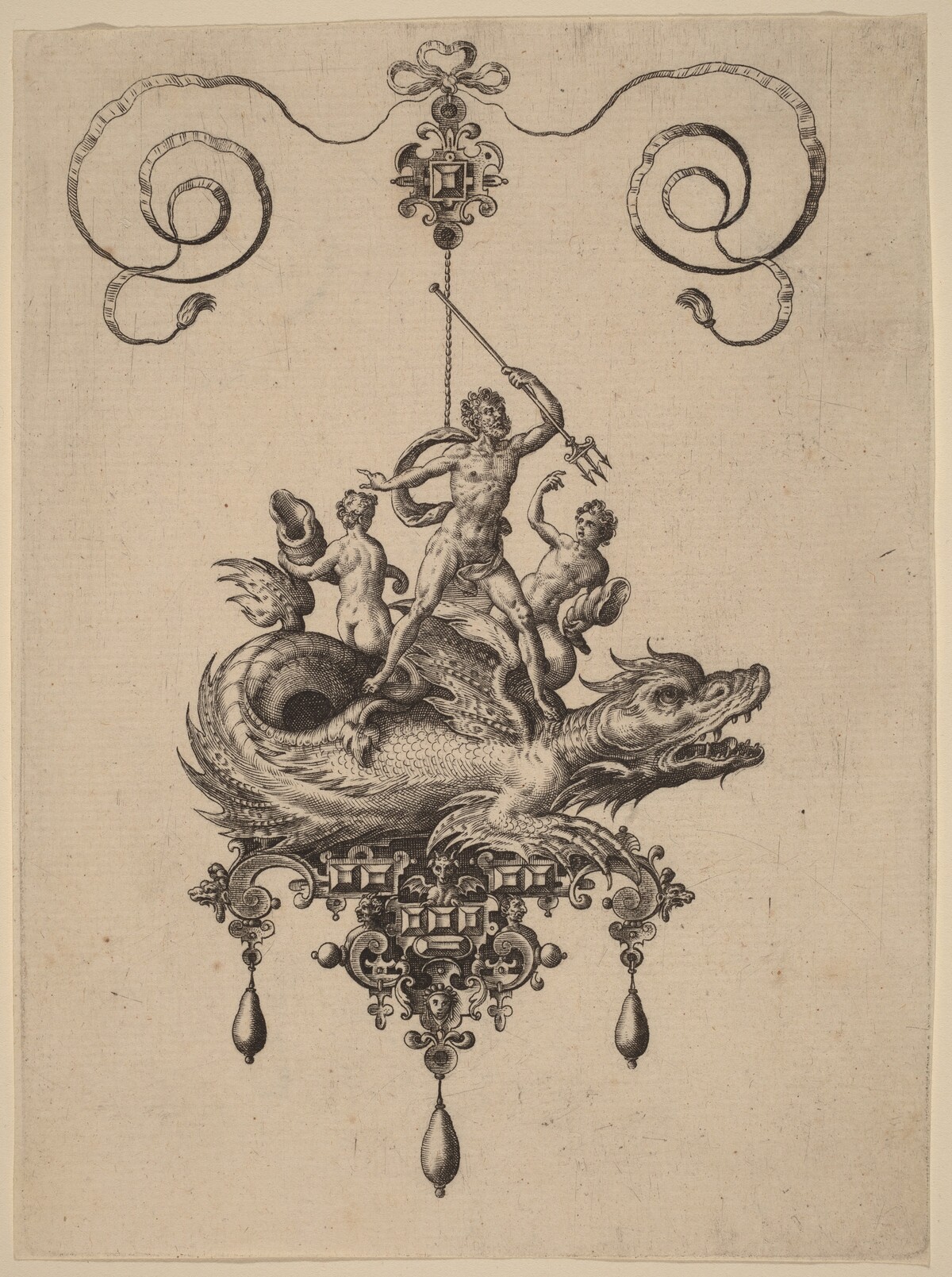 Design for a Pendant with a Sea-Monster Carrying Neptune Flanked by Two Figures