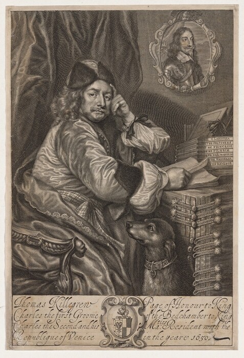The image shows a man seated, facing slightly to the side, with his head turned towards the viewer. He has distinct facial features, a mustache, beard, and long wavy hair under a cap. The man wears a detailed garment with a wide collar and intricate patterns. His left elbow rests on a surface next to books, with his right hand near his temple. A dog sits in front of him, wearing a collar. There are documents or books nearby, and in the background, there is a draped fabric. A small portrait of another man is in the upper right corner. Below the main portrait, it says "Thomas Killigrew" with a title.
