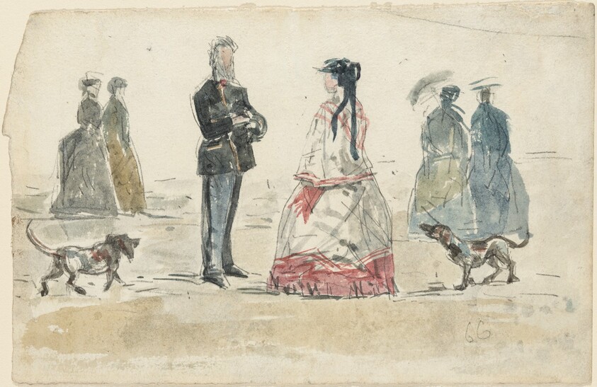 Ladies and Gentleman Walking on the Beach with Two Dogs