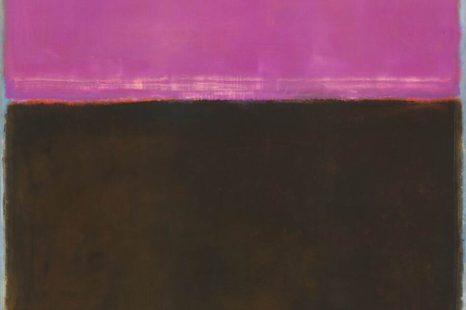 Rectangular fields of magenta pink, black, and a band of flame orange nearly fill this abstract, vertical canvas. The narrow edges around the fields are sky blue. The magenta rectangle takes up the top third, and the black field below takes up most of the rest of the canvas. The narrow band of orange lines the bottom edge. The edges of the pink and black are blended, giving the forms a blurry look.