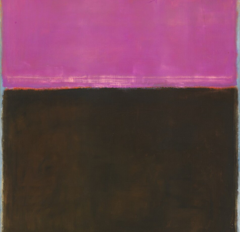 Rectangular fields of magenta pink, black, and a band of flame orange nearly fill this abstract, vertical canvas. The narrow edges around the fields are sky blue. The magenta rectangle takes up the top third, and the black field below takes up most of the rest of the canvas. The narrow band of orange lines the bottom edge. The edges of the pink and black are blended, giving the forms a blurry look.