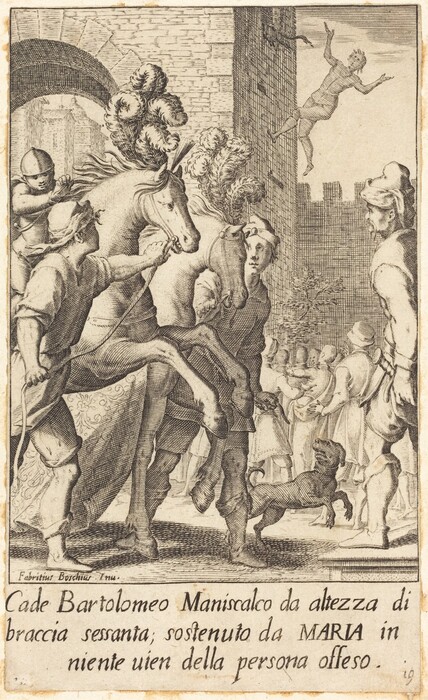 This is a drawing of a scene with a horse and a person suspended in mid-air. The drawing depicts a dynamic tableau, with a figure falling or being projected into the air near a structure wall. Two horses are below, one rearing up. Several figures are on the ground, some tending to the horses and others engaged in various activities. A dog is at the bottom right. The background features architecture like an arch and a textured wall, suggesting an urban setting. The drawing uses line work and shading to convey texture and depth.