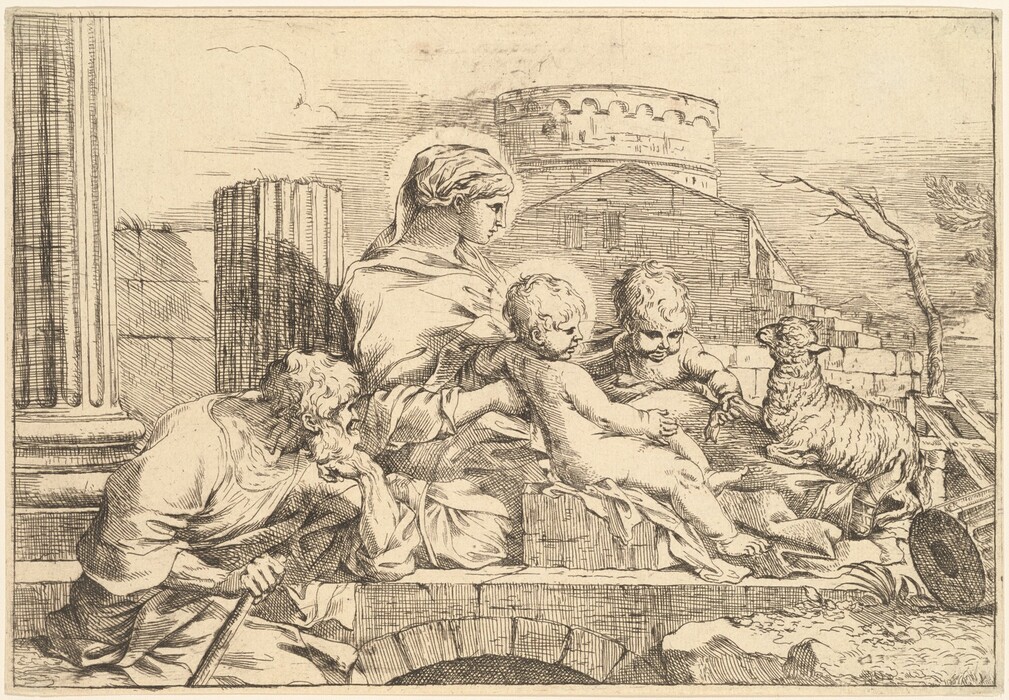 The image shows five figures in various positions. A bearded man is seated and leaning on a staff, supporting his head with one hand. Beside him is a woman seated with her body turned slightly to the right. Two children are sitting on a stone ledge, one facing forward and the other reaching out towards a sheep. The setting includes large stone pillars on the left, a stone building with a rounded tower behind the figures, and various architectural elements. In the background, there is a bare tree on the right and clouds in the sky. The scene is rendered in a classical style with emphasis on line work and shading.