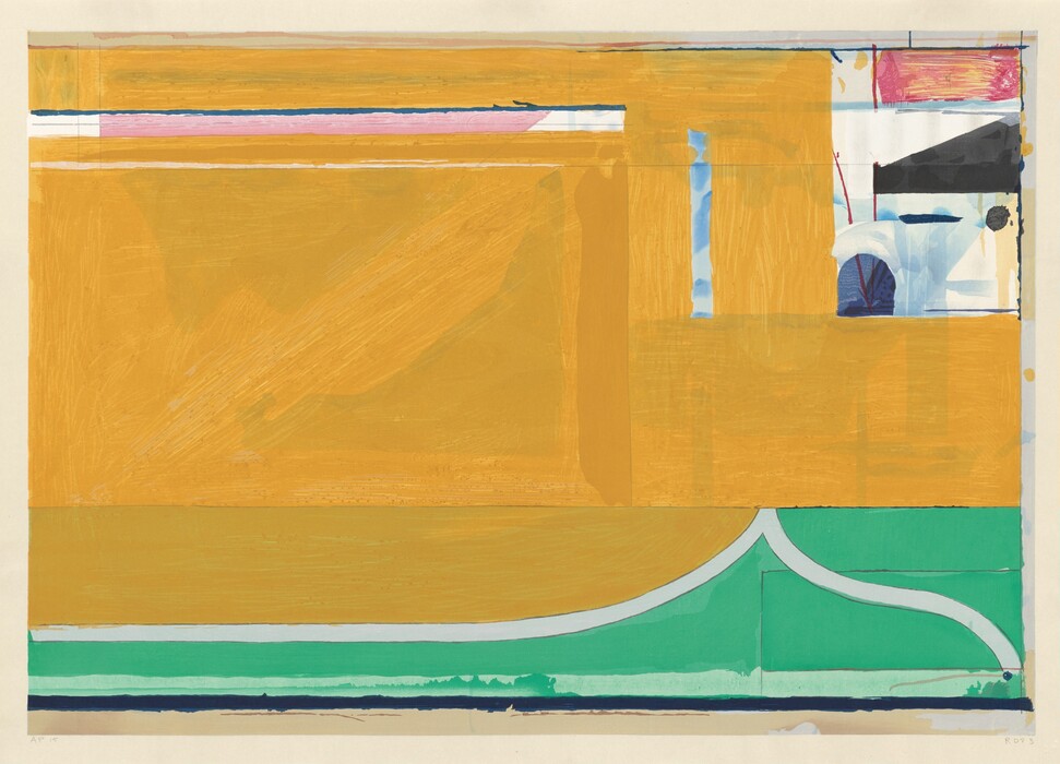 The image displays an arrangement of rectangular shapes and lines intersecting and overlaying across the canvas. Broad swathes of ochre and green are intersected by curves and straight lines. Smaller sections with hints of blue, pink, and red are also present.