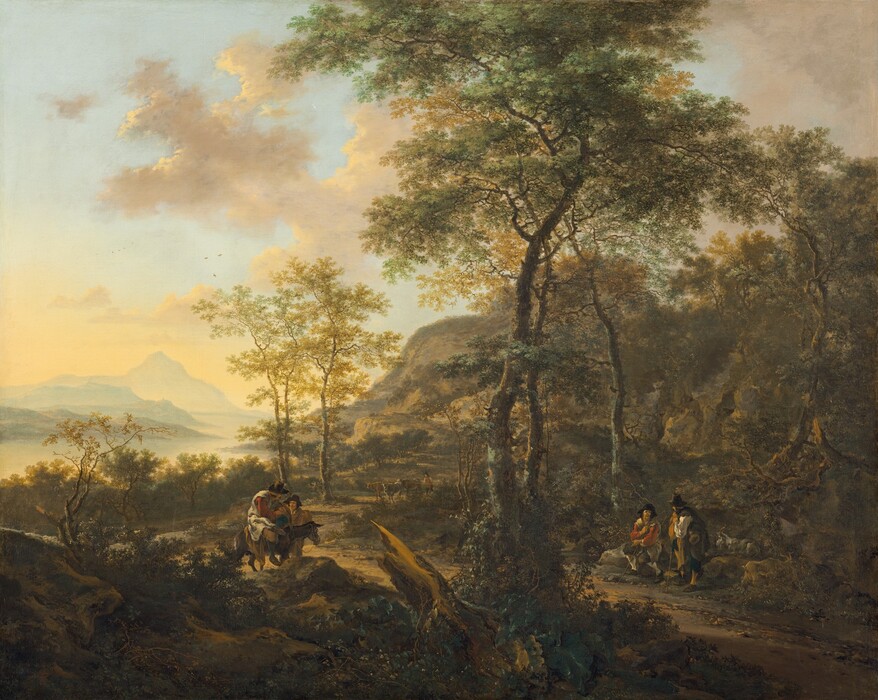 Warm light coming from the left illuminates four men standing in pairs on either side of a dirt road that winds between rocky, tree-studded hills and a misty river in this almost square landscape painting. The trees have tall, gnarled, brown trunks with high canopies of sage, olive, and forest green while others have golden yellow leaves. The road curves in a C-shape along the foot of the hills that rise up the right side of the composition, their craggy faces painted in warm tones of sand, fawn, and caramel brown. Closest to us is rocky terrain covered with scrubby plants and two moss-covered trees growing next to a broken tree trunk that separates us from the men. The trees are just right of center and divide the scene vertically. The two men to the right of the tree rest among boulders next to the road. One sits and the other stands, and each holds a tall staff. A light-gray, bearded goat lies to the right of the men and closer inspection reveals another grazing nearby. On the left, one man sitting astride a donkey turns his head away from us to look at the man standing just behind him. The men are all simply dressed in knee-length breeches, shirts, and sleeveless coats in shades of brick red, ivory, and tan, or ginger brown, and wear tall, wide brimmed hats. A man driving cattle approaches them from farther back along the road. Beyond the tall trees near the center, the hills slope down to a winding river fringed with trees. The river flows into the distance, past headlands jutting into the water, and ends at a tall mountain rising from the low horizon. A thin wash of butter yellow creates a hazy glow over the river, headlands, and distant mountain. A pale robin's egg-blue sky scattered with petal-pink and dusty rose-colored clouds fills the top of the scene.