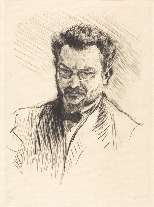 The image is a black and white sketch showing a portrait of a man's upper body. He is positioned facing slightly to the right with a direct gaze towards the viewer. The man has a strong jawline, a full mustache, and beard. He has wavy hair styled upwards and wears eyeglasses. He is dressed in a suit with a bow tie, conveying formality. The background is minimal with simple line shading.