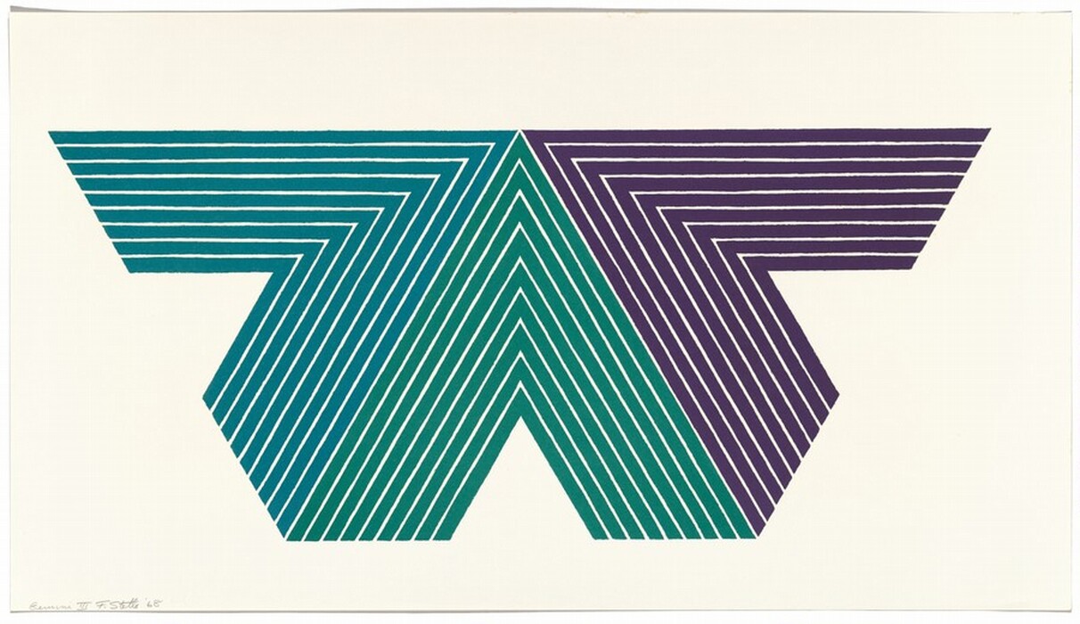 The image features a geometric arrangement of parallel lines in teal and purple, forming a series of nested, angular shapes resembling an abstract arrow or a stylized bird in flight. The lines are evenly spaced, creating a sense of depth and movement, as they converge towards the center, enhancing the dimensionality of the design.