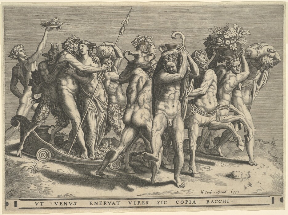 This is a drawing of mythological figures and symbols. The image shows a group of figures in an elaborate procession or dance. The figures are muscular and scantily clad, some with horns and holding objects like a trident. The central figure holds a staff and could be wearing a crown of leaves. The figures are surrounded by elements like vessels, a cornucopia, and decorative details. The drawing displays meticulous detail and cross-hatching in the shading.