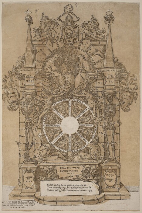 This is a detailed drawing with macabre and allegorical motifs. It features skeletal and classical elements. The central design includes two putti on an arch with a skull emblem and a skeletal figure below. Flanking the arch are obelisks with Latin inscriptions. Below, there is a segmented wheel with scenes or symbols, encircled by Latin phrases. Near the bottom, an altar-like structure with Latin inscriptions, skulls, and bones suggests the theme of mortality. The artwork seems to be influenced by Renaissance memento mori imagery.