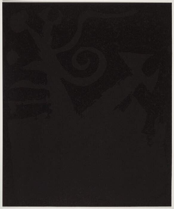 The image features dark, abstract shapes and swirling lines of curved and angular forms. There is a spiral resembling a coil or curled vine, alongside geometric structures resembling a stylized arrowhead. The arrangement of these shapes may suggest elements found in a sculpture or a shadowy landscape.