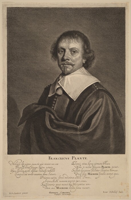 The image shows a man in a seated or slightly turned position, facing forward. The man has a mustache and a small goatee, with wavy, shoulder-length hair parted in the middle. He wears a dark coat with a wide, white collar featuring a detailed lace pattern and a large button under the collar. The man's facial expression is calm, and his gaze is directed towards the viewer. There is no visible jewelry or objects being held. The background is plain and textured, with an elaborate inscription at the bottom containing a series of text lines in a decorative script. The text includes the name "Franciscus Plante" prominently displayed, along with additional information in smaller text.
