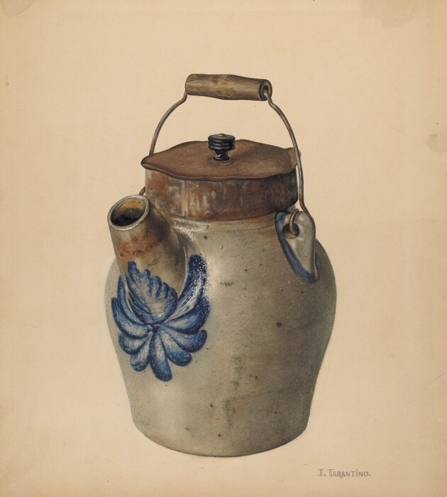 The image shows a ceramic jug with a wooden-handled metal lid and a blue floral design on its side. The color palette includes beige, brown, and bright blue. The jug's spout extends slightly to the left, with the wooden handle arching above the lid.