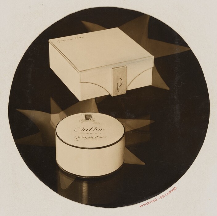 The image displays a rectangular cream-colored box with "Primrose House" written on top. Below it is a round cream-colored container labeled "Chillon" and also marked with "Primrose House." The color palette is neutral with shades of cream, black, and sepia. A circular frame surrounds the two containers, featuring abstract star shapes in the background.