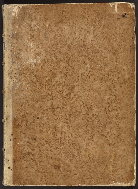This rectangular, light brown cover is marbled with darker brown, and the edges are worn and chipped. The spine, to our left, is bound by a light tan strip and divided vertically by five projecting ribs spaced along its height. Four small dark brown spots appear on the upper right corner, with a scattering of similar spots over the lower left section.