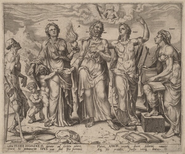 Man Assisted by Faith, Hope and Charity