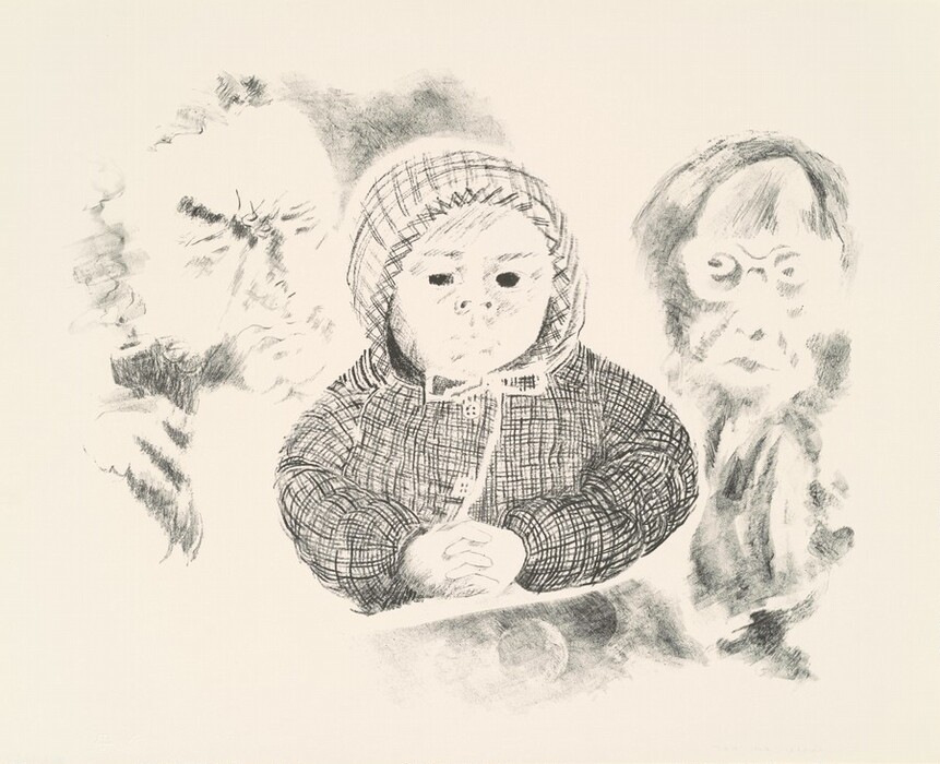 The image shows a drawing of three figures, with the full upper bodies depicted. In the center, there is a baby sitting with its hands together, wearing a checkered hooded outfit that covers its head. The baby has large eyes and a small mouth. Flanking the baby are two adult figures with distinct facial features. The figure on the left has bushy eyebrows and unruly hair, while the figure on the right wears large round glasses and has long, sketchy hair. The background is plain, highlighting the black and white figures with detailed shading and cross-hatching.