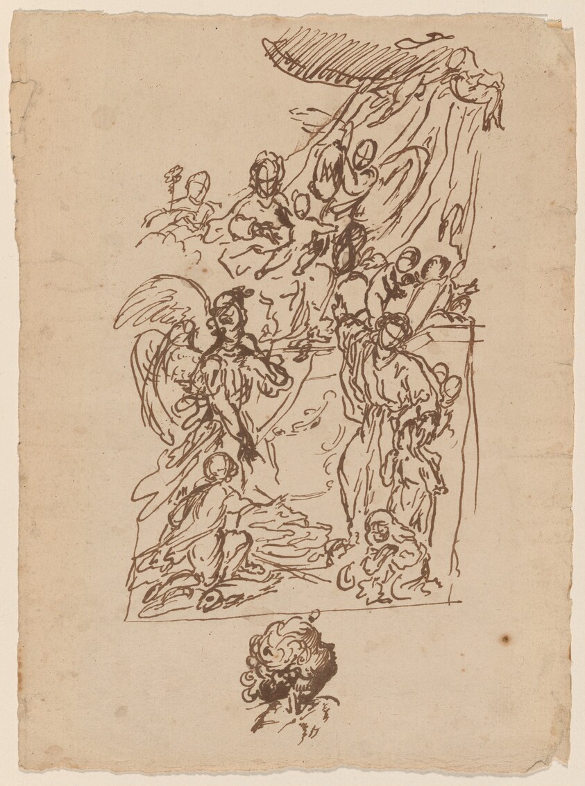 The Madonna and Child Seated on a Dais with Tobias and the Angel and a Saint Presenting Two Children