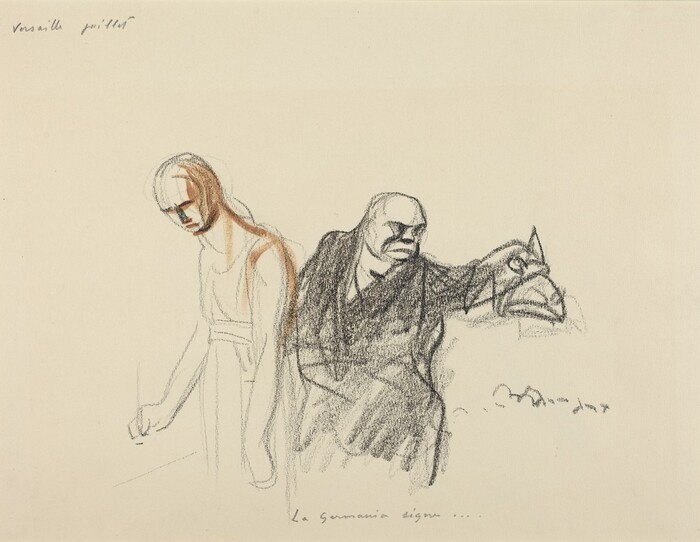 The image shows a sketch with two figures. The figure on the left is depicted from the waist up, with long hair falling over one shoulder. They are dressed in a sleeveless garment. The figure on the right is seated, has a bald head, distinct facial features, and wears a dark suit. They are holding what appears to be a large bird. The background is plain with minimal sketch lines, and there are inscriptions in the upper left and below the figures.