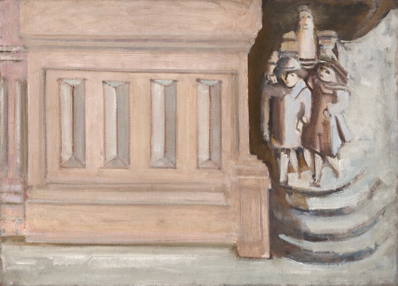 Two or three people stand on a curving staircase next to what looks like a column base that is as tall as they are in this loosely painted, horizontal scene. The people and stairs are painted in tones of smoky mauve, ice blue, and pale gray. The structure to the left is painted with shell pink and pale peach, and the road or ground is bone white. The people take up the right third of the composition. One wears a knee-length swing coat and dress and a hat, and she puts her arm around the person standing next to her, who wears a knee-length trench coat, slacks, and a rounded hat. Their faces are painted with short dashes to represent eyes, noses, and narrow mouths. A figure behind them has a blunt-bottomed, long beard and blocky shoulders. It is more than two heads taller than the other people and looks out and smiles at us. The three stand on the top of four semicircular stairs, which fade into the fog-gray area along the right edge of the painting. A darker, coffee bean-brown area behind the trio is difficult to understand. The structure to the left has molding and inset paneling.