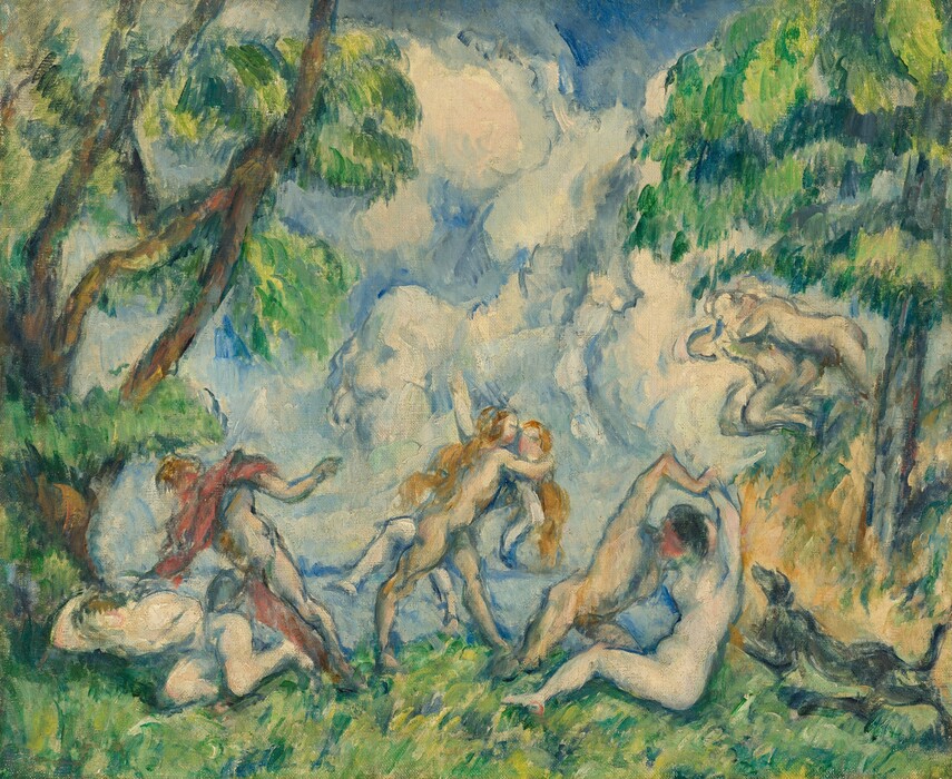 Painted with loose, visible brushstrokes mostly in shades of spring green, sky blue, straw yellow, and ivory white, four couples lock in intense embraces across a landscape in front of a body of water in this nearly square painting. Trees rise up and off the top edges to both sides of the canvas, and a band of green grass runs across the width. Just beyond, a body of pale blue water extends to the horizon, which comes about a quarter of the way up the composition. Off-white clouds swirl against the topaz-blue sky above. Three pairs of people are spaced evenly across the grass, close to us, and the fourth pair are on a steep rise to our right. The people all have pale or slightly peachy skin, and most of them have honey-yellow hair. The painting technique is loose throughout, making many details, especially facial features and some body parts, indistinct. Near the lower left corner, a nude person crouches on the ground with an arm raised overhead while another person, nude except for a few swipes of brick red to suggest a cape, stands above with one arm raised. At the center of the painting, two people with long, blond hair seem to embrace, though the one farther from us is partially or wholly lifted off the ground. To our right, a tanned person kneels over a pale, nude woman with rounded breasts and hips. Their heads blend together, possibly to suggest that they kiss, and one of them has black hair. They hold hands locked overhead. Dark gray strokes nearby in the lower right corner of the painting suggest a dog leaping at this couple. The fourth pair is on a sand-colored rise, about halfway up the right edge of the composition. They are even more loosely painted, but one person seems to grab onto the other as they tip toward the ground or water below.