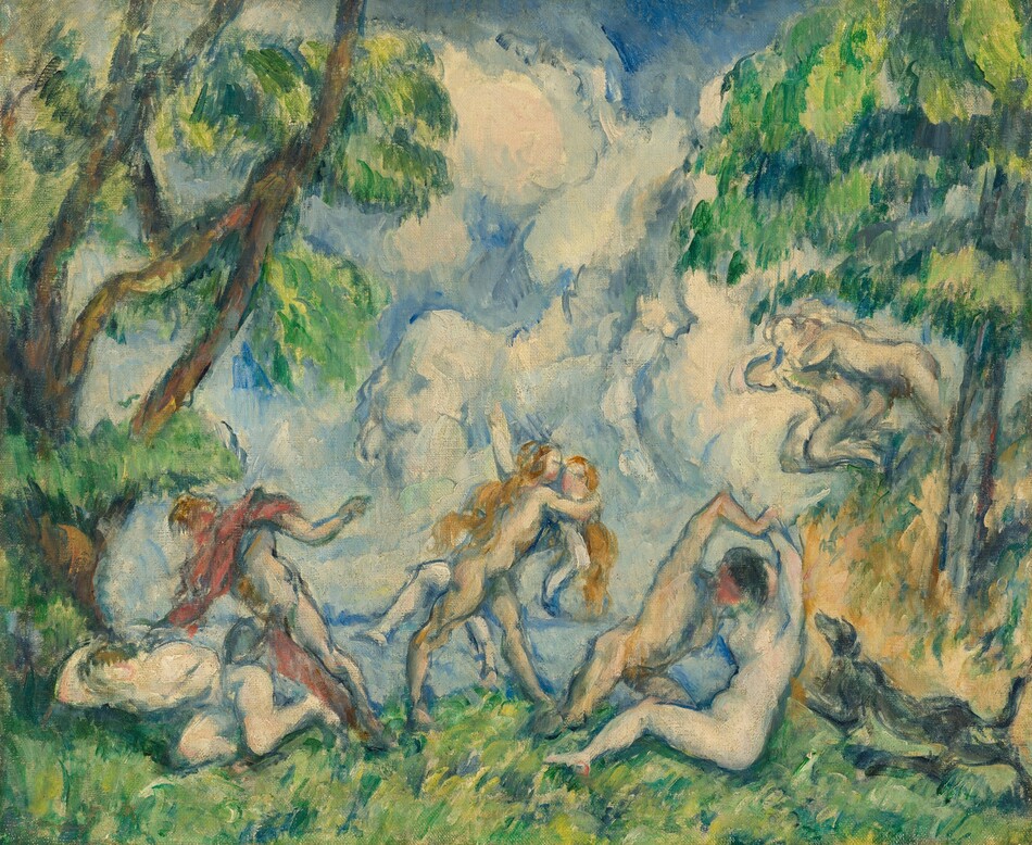 Painted with loose, visible brushstrokes mostly in shades of spring green, sky blue, straw yellow, and ivory white, four couples lock in intense embraces across a landscape in front of a body of water in this nearly square painting. Trees rise up and off the top edges to both sides of the canvas, and a band of green grass runs across the width. Just beyond, a body of pale blue water extends to the horizon, which comes about a quarter of the way up the composition. Off-white clouds swirl against the topaz-blue sky above. Three pairs of people are spaced evenly across the grass, close to us, and the fourth pair are on a steep rise to our right. The people all have pale or slightly peachy skin, and most of them have honey-yellow hair. The painting technique is loose throughout, making many details, especially facial features and some body parts, indistinct. Near the lower left corner, a nude person crouches on the ground with an arm raised overhead while another person, nude except for a few swipes of brick red to suggest a cape, stands above with one arm raised. At the center of the painting, two people with long, blond hair seem to embrace, though the one farther from us is partially or wholly lifted off the ground. To our right, a tanned person kneels over a pale, nude woman with rounded breasts and hips. Their heads blend together, possibly to suggest that they kiss, and one of them has black hair. They hold hands locked overhead. Dark gray strokes nearby in the lower right corner of the painting suggest a dog leaping at this couple. The fourth pair is on a sand-colored rise, about halfway up the right edge of the composition. They are even more loosely painted, but one person seems to grab onto the other as they tip toward the ground or water below.