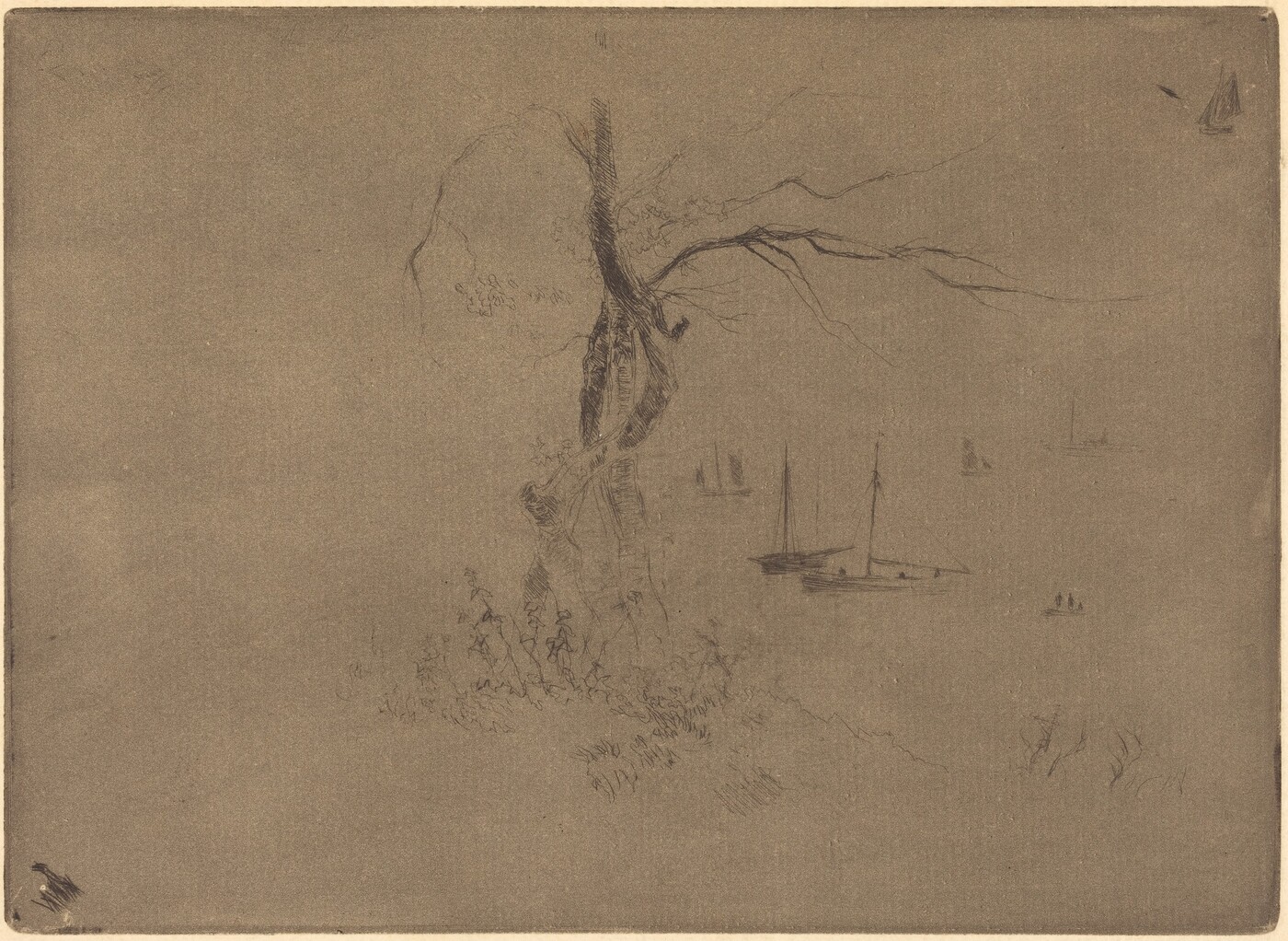 The image shows a sparse drawing of a landscape. A tree with elongated branches is on the left side, with a twist in its trunk. Near the horizon, there are several sailing boats on calm water. The composition suggests a vast openness and distance. The sketching is subtle and precise, focusing on gentle contouring and minimal detail. The color palette is monochromatic, dominated by a muted brown tone. The overall impact is serene and understated, inviting the viewer to focus on the hints of narrative within the scene.