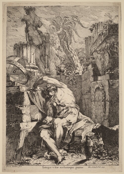 This is a drawing of a scene with ruins and figures. The scene depicts a seated male figure draped in fabric, holding one arm to his forehead. Surrounding him are architectural elements like columns and stone blocks. In the background, a second figure, likely a classical statue, stands with an arm outstretched. The environment is overgrown with plants and a tree. The composition has detailed linework and shading.