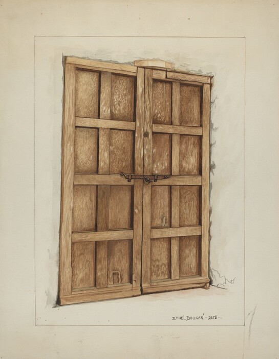 This is a drawing of a wooden window shutter in a light-colored wall. The detailed study shows the craftsmanship of the shutter, with a focus on texture, form, wood grain, and panels. The aged and weathered texture suggests exposure to the elements. The shutter is secured with a metal latch in the center. The wall is subtly shaded to imply depth and setting, with slight distress marks adding to the aged ambiance of the scene.