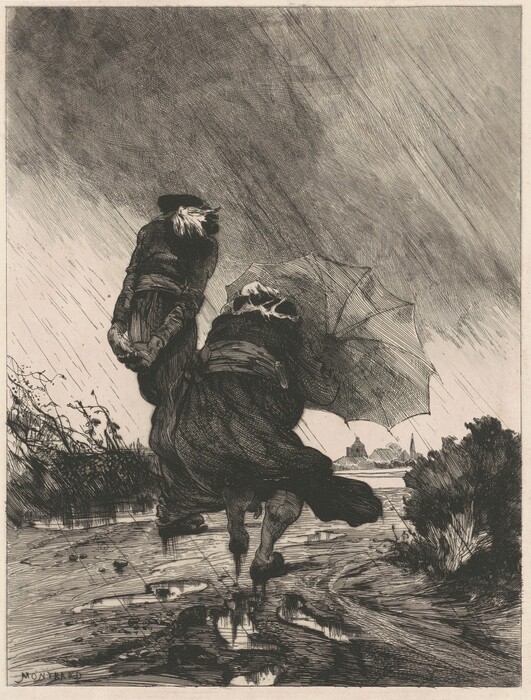 The image shows two individuals positioned with one facing left and the other walking behind, both with dynamic postures as if encountering strong wind. The person in front has facial features obscured by a bonnet and wears a long dress. The other person wears a cap and a shorter dress. The person in front holds an umbrella turned inside out by the wind. The background displays a muddy path with puddles, sparse vegetation, buildings, and a cloudy sky with rain.