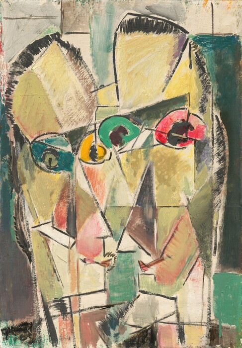 This painting displays angular shapes and planes that give the abstract impression of two faces. Triangular and trapezoidal forms dominate the composition in shades of yellow, green, and tan, with some hints of rosy pink. Near the center of the painting, there are four eyes: one blue, one yellow, one green, and one red. They don't have irises and are solid color with black pupils. Lines run through the eyes, giving them a fractured appearance. Below the eyes, there are two triangles facing each other that could be the noses of the faces, and below those are thin red mouths. Both people appear to have short black hair and wear dark garments. The background is made of rectangles of teal, green, and gray. The brushstrokes in the painting are visible, with some thick and some thin. In many places, the paint is streaky, revealing some of the white canvas below.