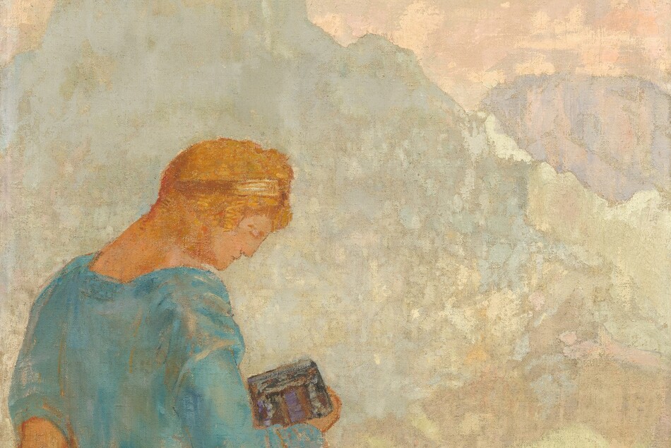 A pale-skinned young woman with copper-orange hair, wearing a turquoise-blue robe, stands in a pastel-infused landscape in this stylized, vertical painting. The woman fills most of the left half of the composition. She faces our right in profile with her head bowed as she looks down at the silver and brown box she holds in her right hand, closer to us. Her body angles away from us so we see her back. Her hair is held back under a gold-colored headand, and her blue robe falls over a white skirt. Beyond her, rocky mountains in ice blue and pale lilac purple span the horizon, which comes about three-quarters of the way up the painting, beneath a pale, rose-pink sky. An area of mottled parchment-white to our right of the person could be a field. Along the bottom edge of the canvas, rounded and organic shapes in scarlet red, turquoise, lapis blue, golden and lemon yellow, and pumpkin orange could be abstracted earth or flowers at the woman’s feet.